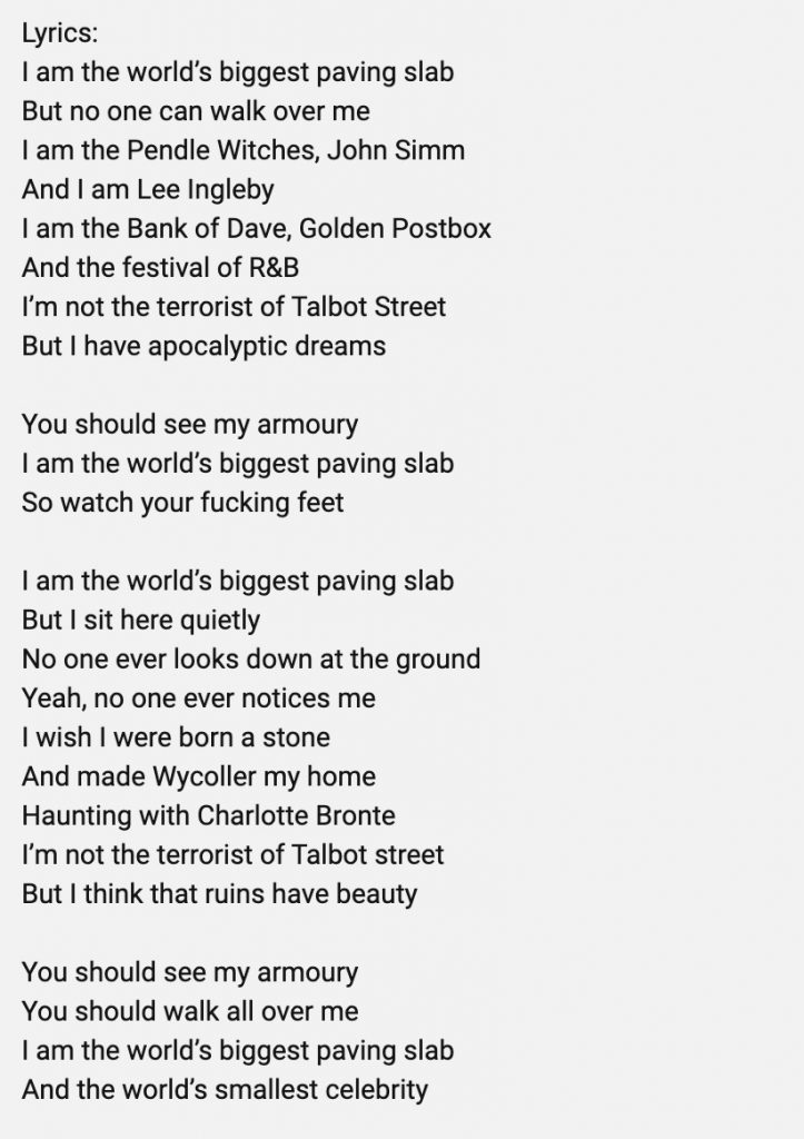 Lyrics to English Teacher's Worlds Biggest Paving Slab